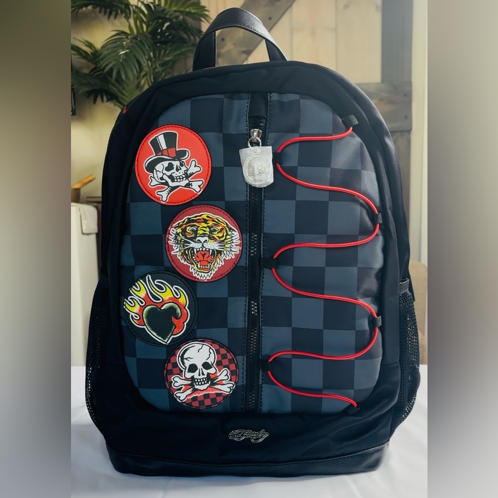 NWT Ed Hardy Checkered Full Size Backpack with Iconic Flash Patches